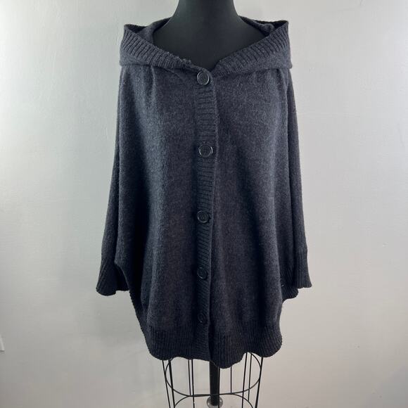 Marina Luna Gray Poncho Sweater Wool Ribbed Hooded Button Front Size Medium M - Picture 2 of 7
